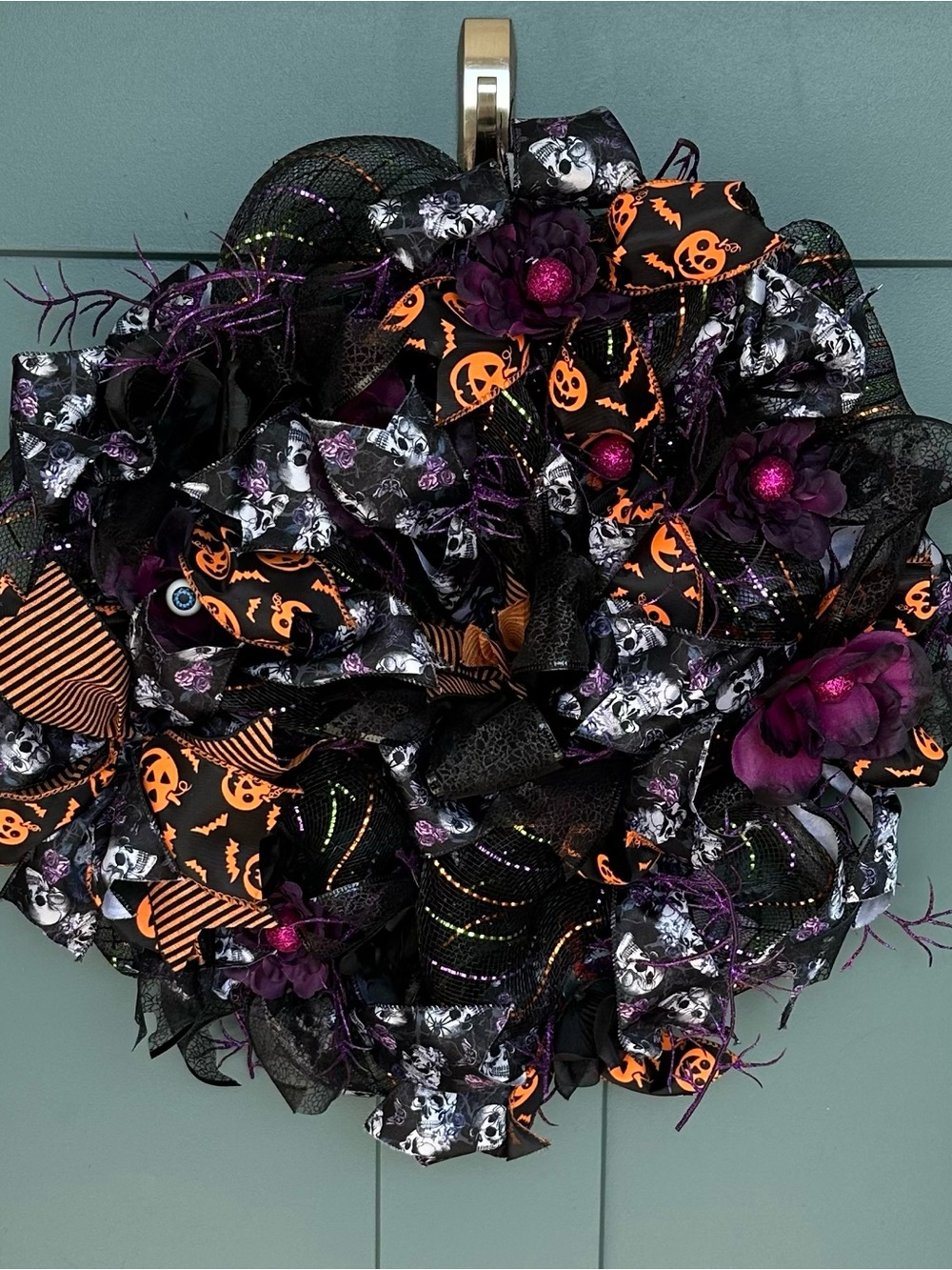 Gothic Halloween Skull & Purple Rose Wreath